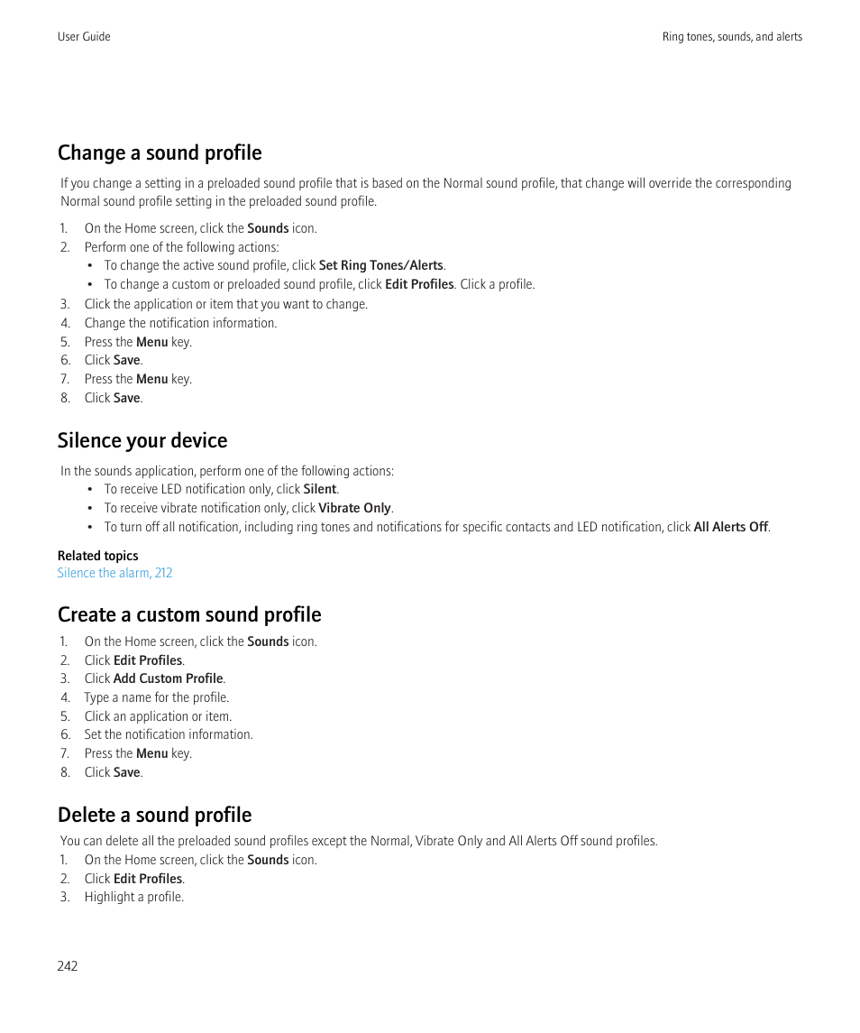 Change a sound profile, Silence your device, Create a custom sound profile | Delete a sound profile | Blackberry CURVE 8980 User Manual | Page 244 / 443