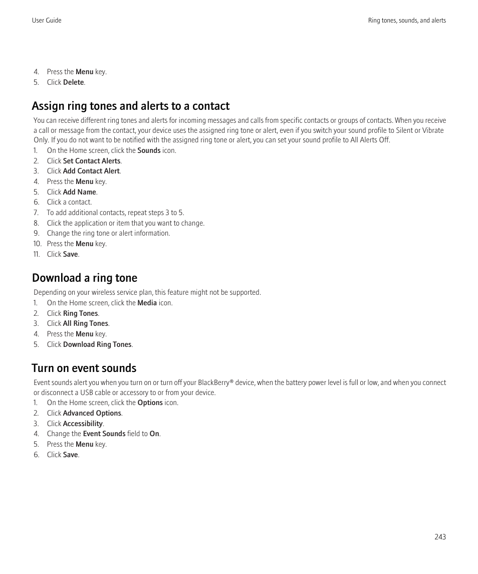 Assign ring tones and alerts to a contact, Download a ring tone, Turn on event sounds | Blackberry CURVE 8980 User Manual | Page 245 / 443