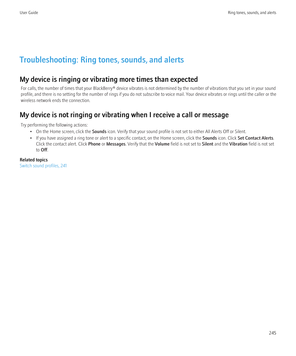 Troubleshooting: ring tones, sounds, and alerts | Blackberry CURVE 8980 User Manual | Page 247 / 443