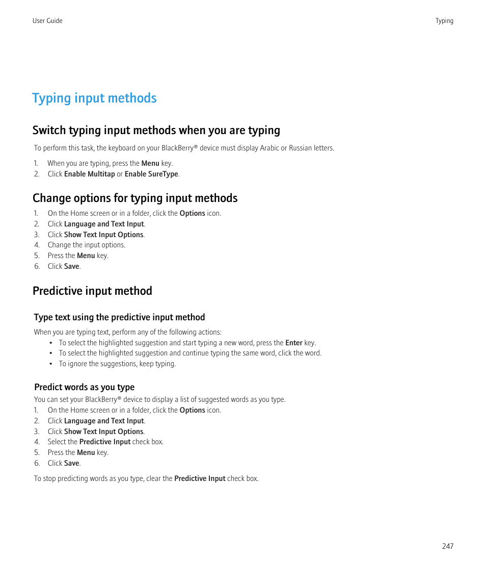 Typing input methods, Switch typing input methods when you are typing, Change options for typing input methods | Predictive input method | Blackberry CURVE 8980 User Manual | Page 249 / 443