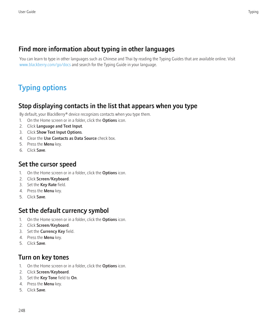 Typing options, Set the cursor speed, Set the default currency symbol | Turn on key tones | Blackberry CURVE 8980 User Manual | Page 250 / 443