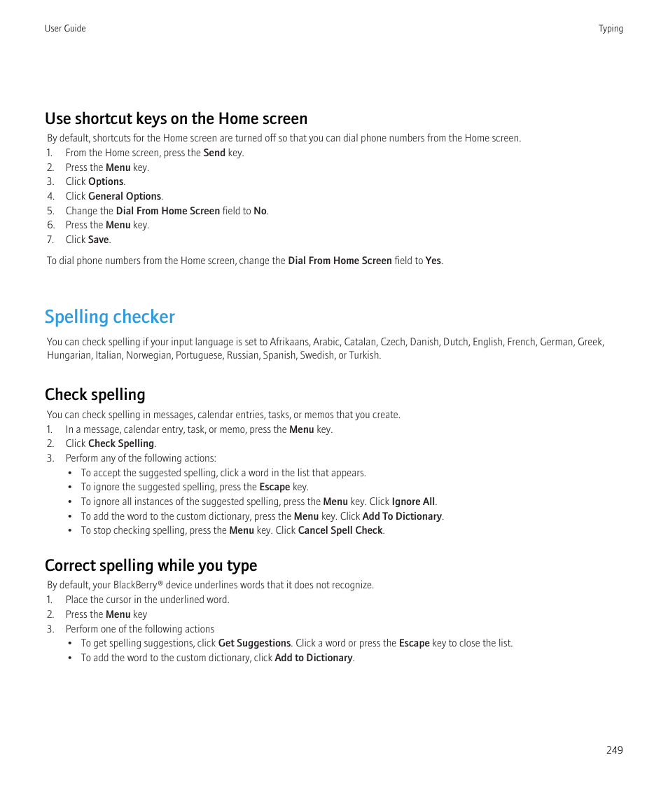 Spelling checker, Use shortcut keys on the home screen, Check spelling | Correct spelling while you type | Blackberry CURVE 8980 User Manual | Page 251 / 443