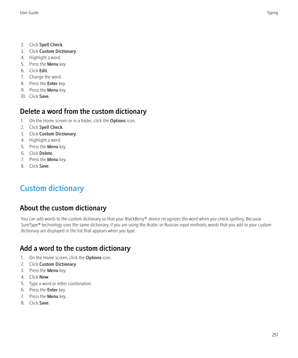 Custom dictionary, Delete a word from the custom dictionary, About the custom dictionary | Add a word to the custom dictionary | Blackberry CURVE 8980 User Manual | Page 253 / 443