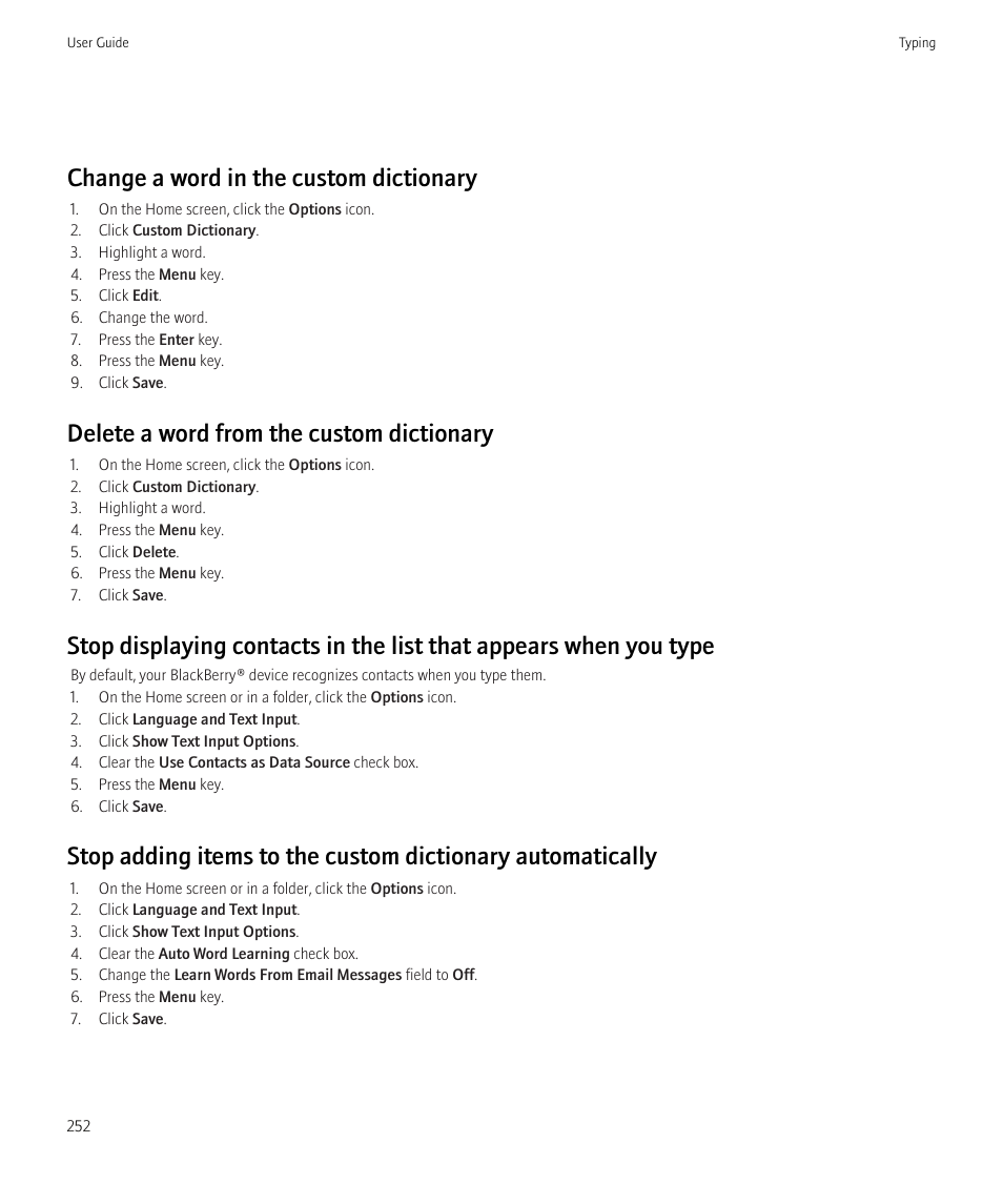 Change a word in the custom dictionary, Delete a word from the custom dictionary | Blackberry CURVE 8980 User Manual | Page 254 / 443