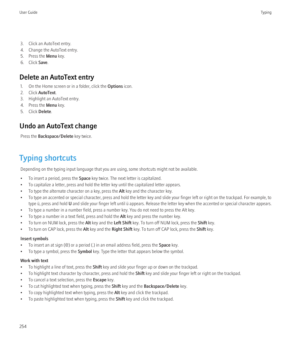 Typing shortcuts, Delete an autotext entry, Undo an autotext change | Blackberry CURVE 8980 User Manual | Page 256 / 443