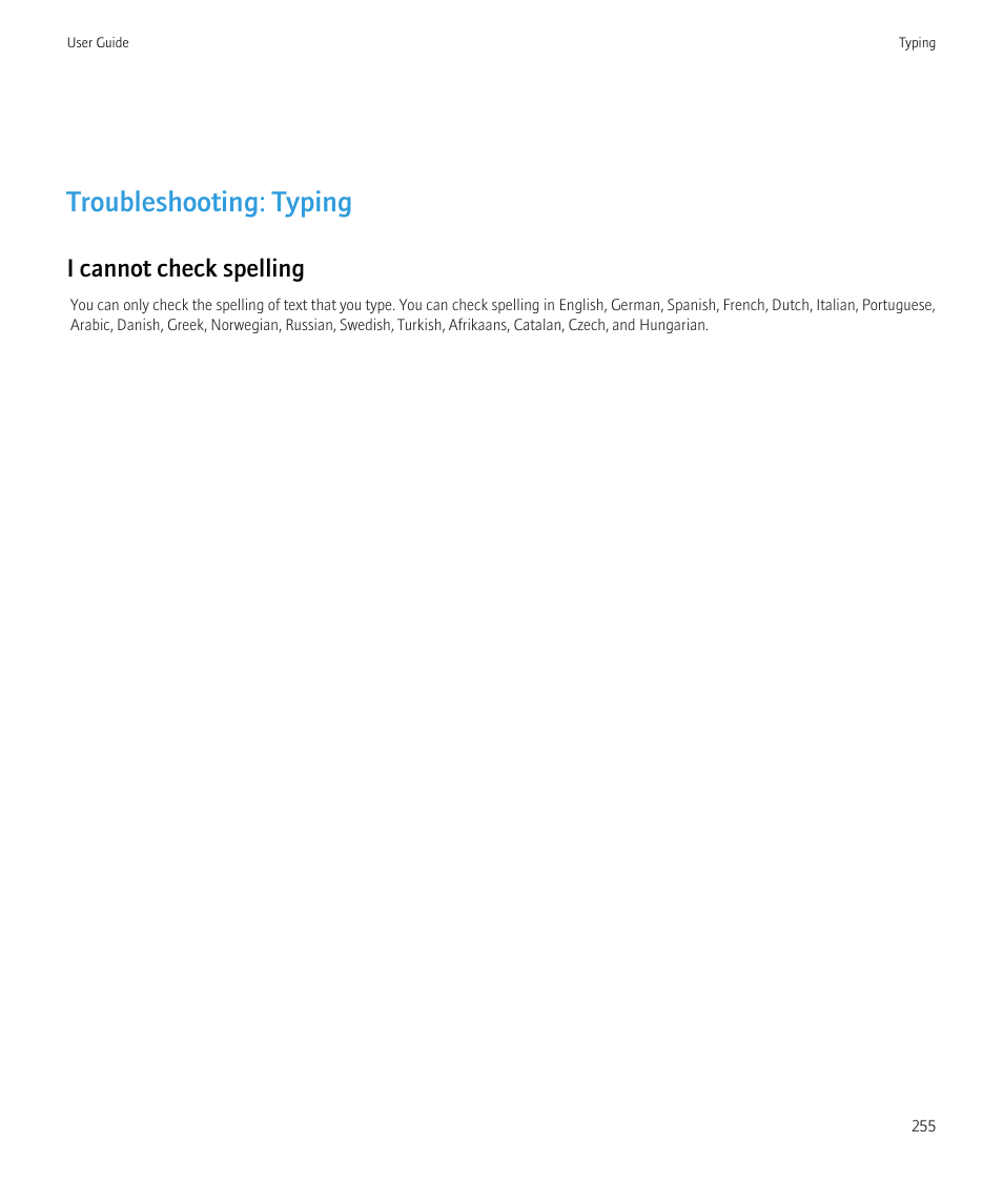 Troubleshooting: typing, I cannot check spelling | Blackberry CURVE 8980 User Manual | Page 257 / 443