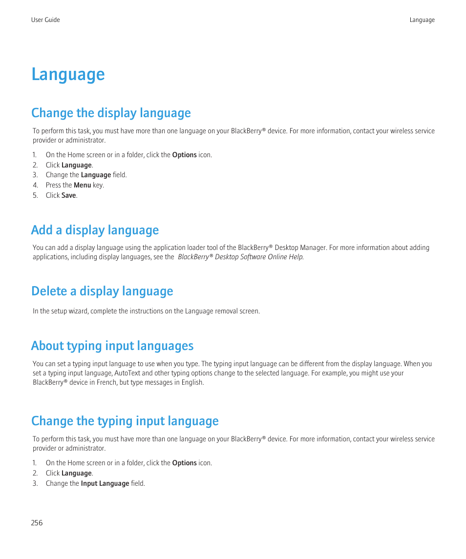 Language, Change the display language, Add a display language | Delete a display language, About typing input languages, Change the typing input language | Blackberry CURVE 8980 User Manual | Page 258 / 443