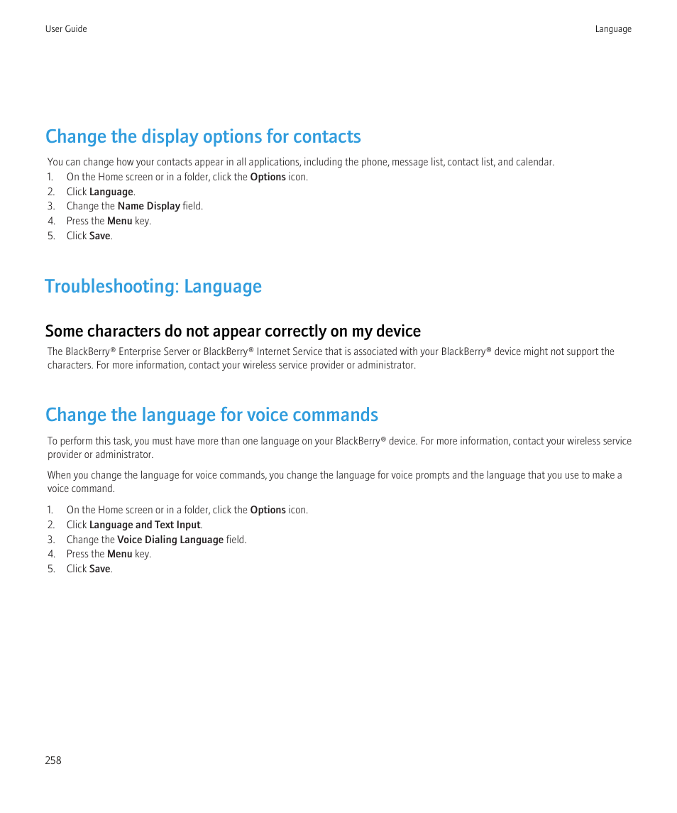 Change the display options for contacts, Troubleshooting: language, Change the language for voice commands | Blackberry CURVE 8980 User Manual | Page 260 / 443