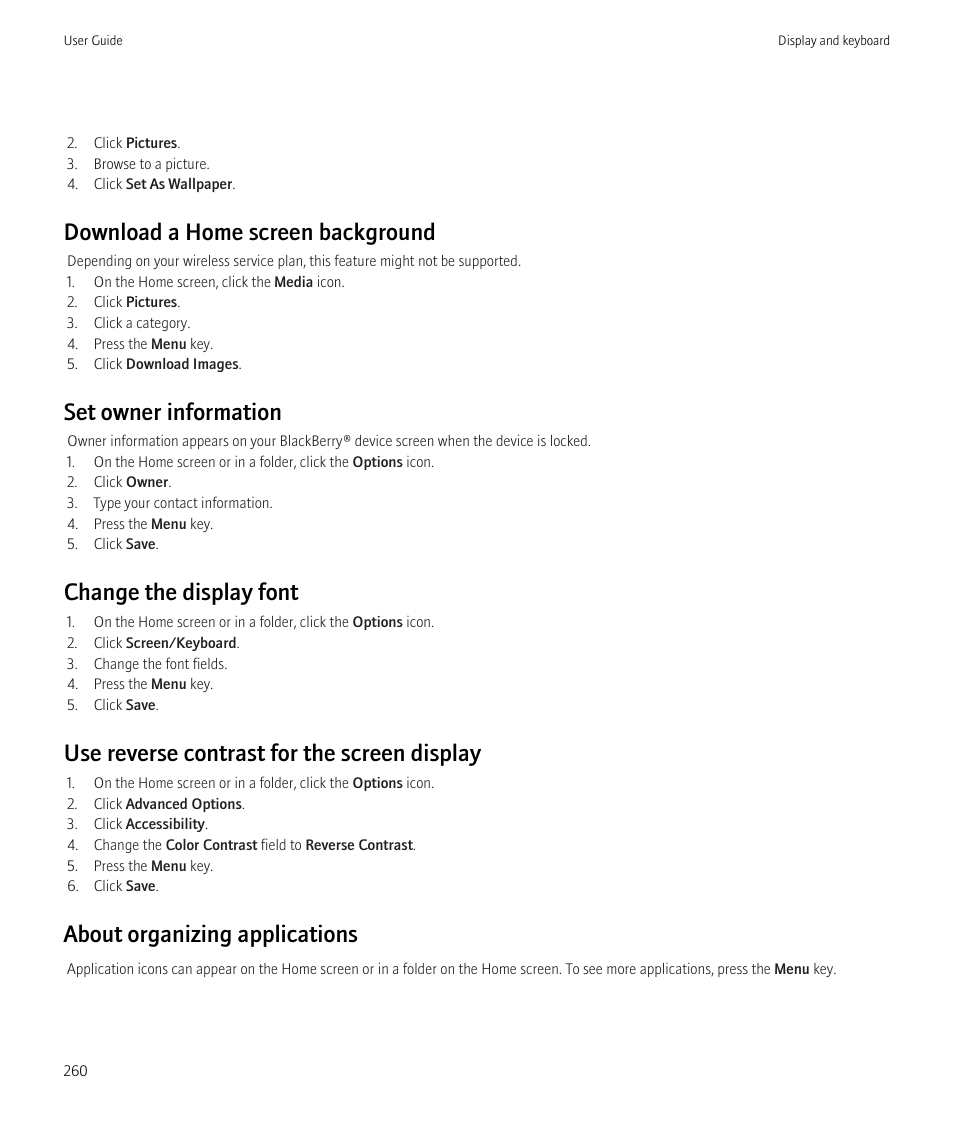 Download a home screen background, Set owner information, Change the display font | Use reverse contrast for the screen display, About organizing applications | Blackberry CURVE 8980 User Manual | Page 262 / 443