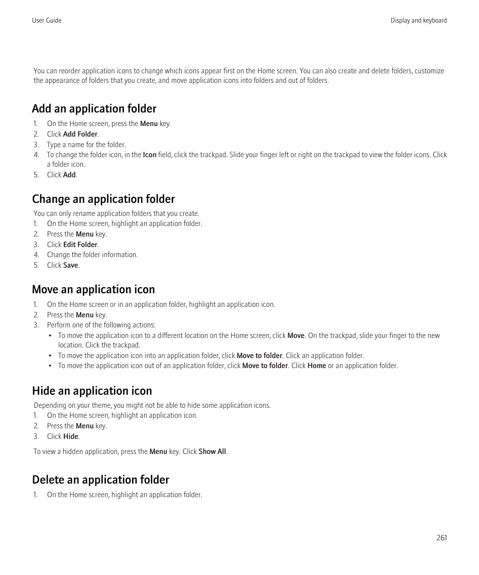 Add an application folder, Change an application folder, Move an application icon | Hide an application icon, Delete an application folder | Blackberry CURVE 8980 User Manual | Page 263 / 443