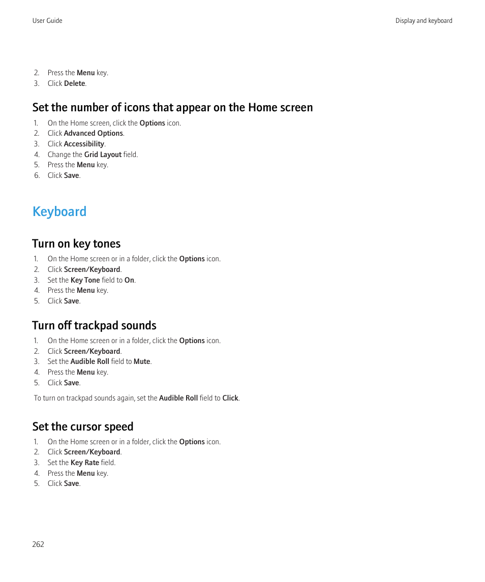 Keyboard, Turn on key tones, Turn off trackpad sounds | Set the cursor speed | Blackberry CURVE 8980 User Manual | Page 264 / 443