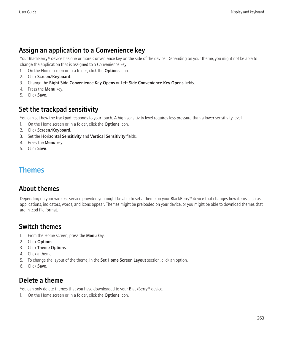 Themes, Assign an application to a convenience key, Set the trackpad sensitivity | About themes, Switch themes, Delete a theme | Blackberry CURVE 8980 User Manual | Page 265 / 443