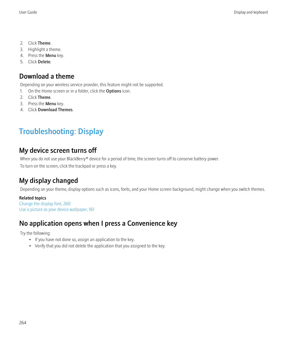Troubleshooting: display, Download a theme, My device screen turns off | My display changed | Blackberry CURVE 8980 User Manual | Page 266 / 443