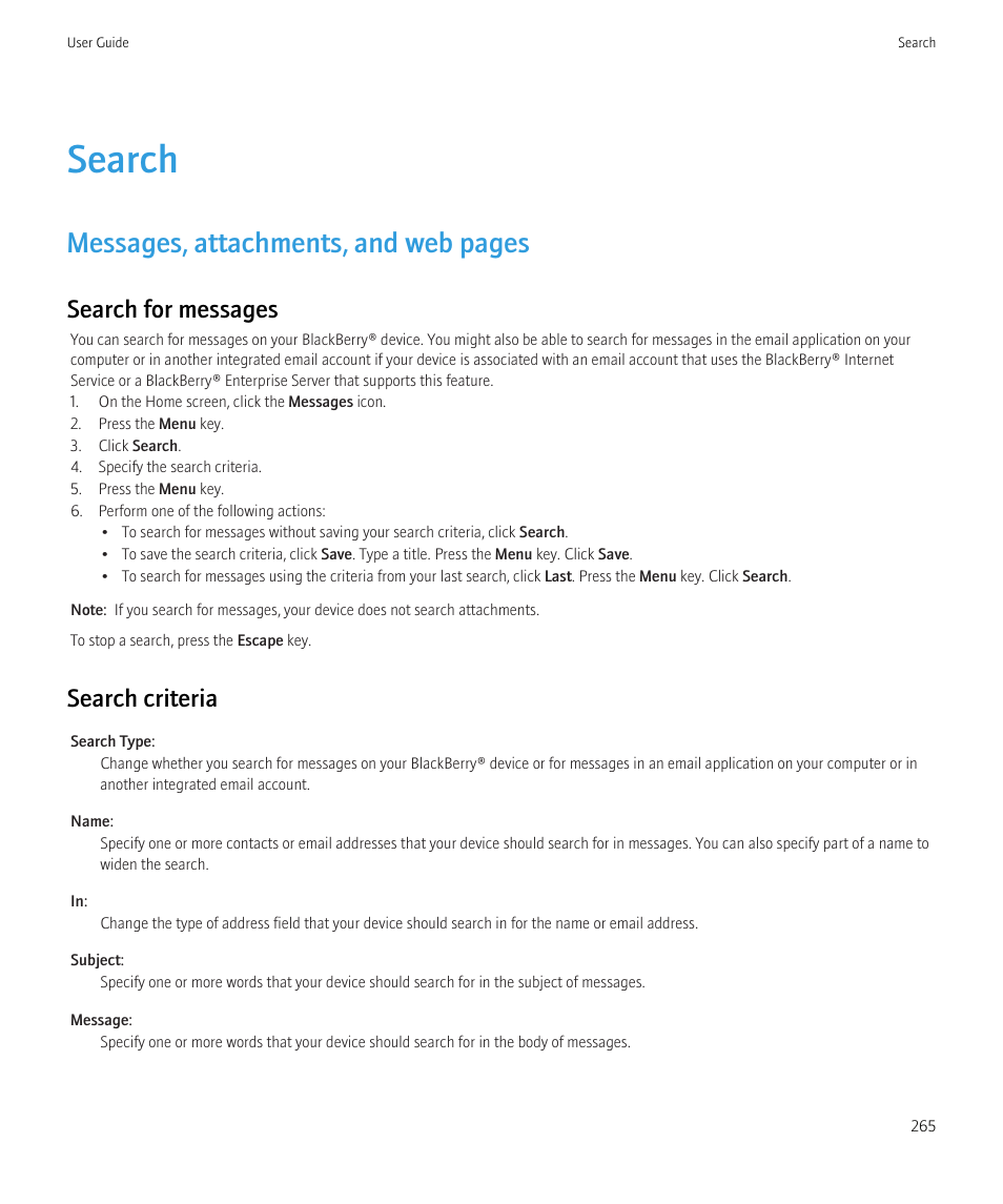 Search, Messages, attachments, and web pages, Search for messages | Search criteria | Blackberry CURVE 8980 User Manual | Page 267 / 443