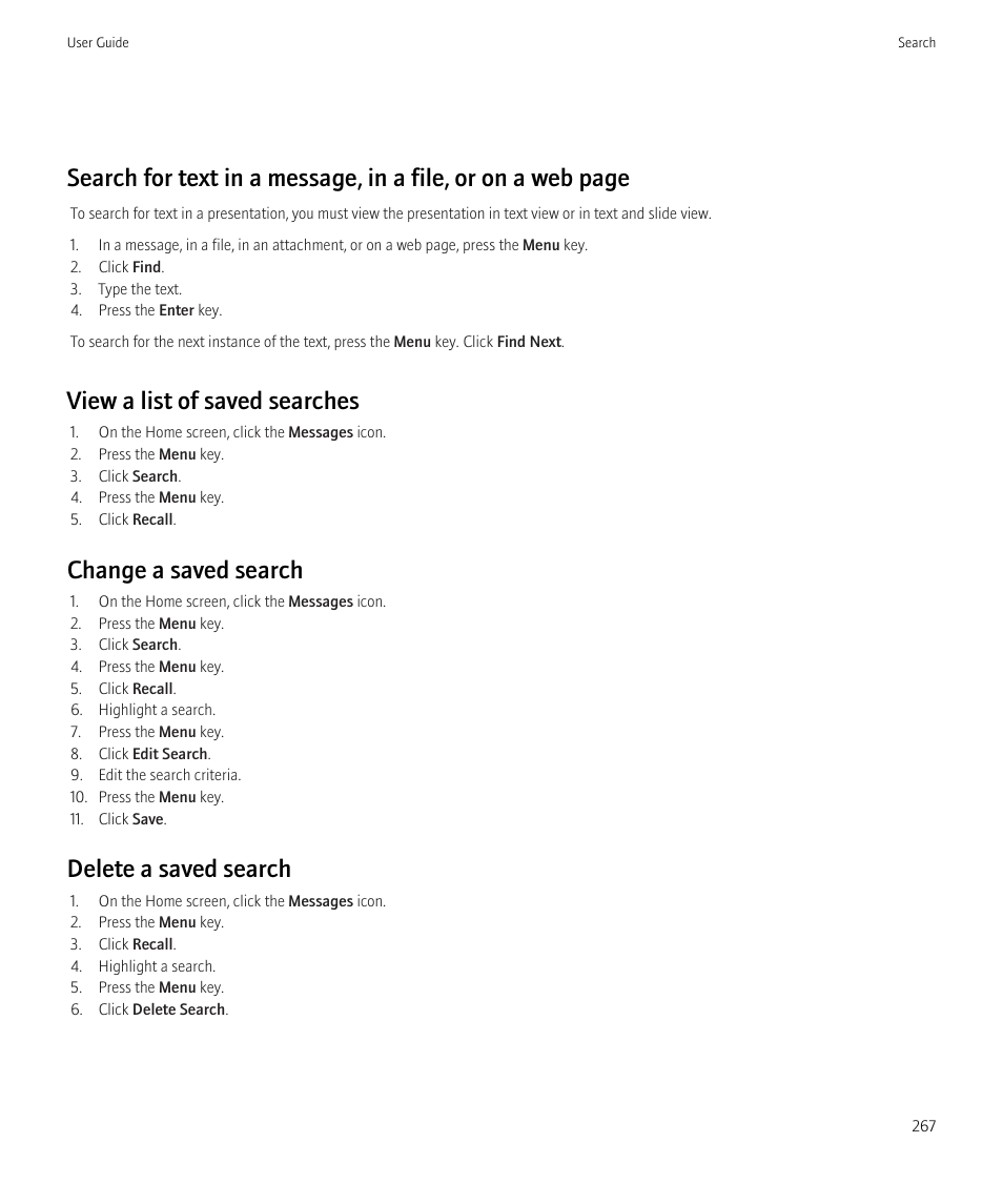View a list of saved searches, Change a saved search, Delete a saved search | Blackberry CURVE 8980 User Manual | Page 269 / 443