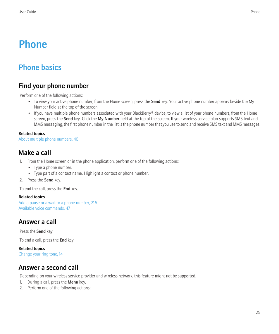 Phone, Phone basics, Find your phone number | Make a call, Answer a call, Answer a second call | Blackberry CURVE 8980 User Manual | Page 27 / 443