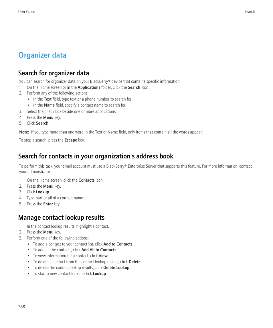 Organizer data, Search for organizer data, Manage contact lookup results | Blackberry CURVE 8980 User Manual | Page 270 / 443