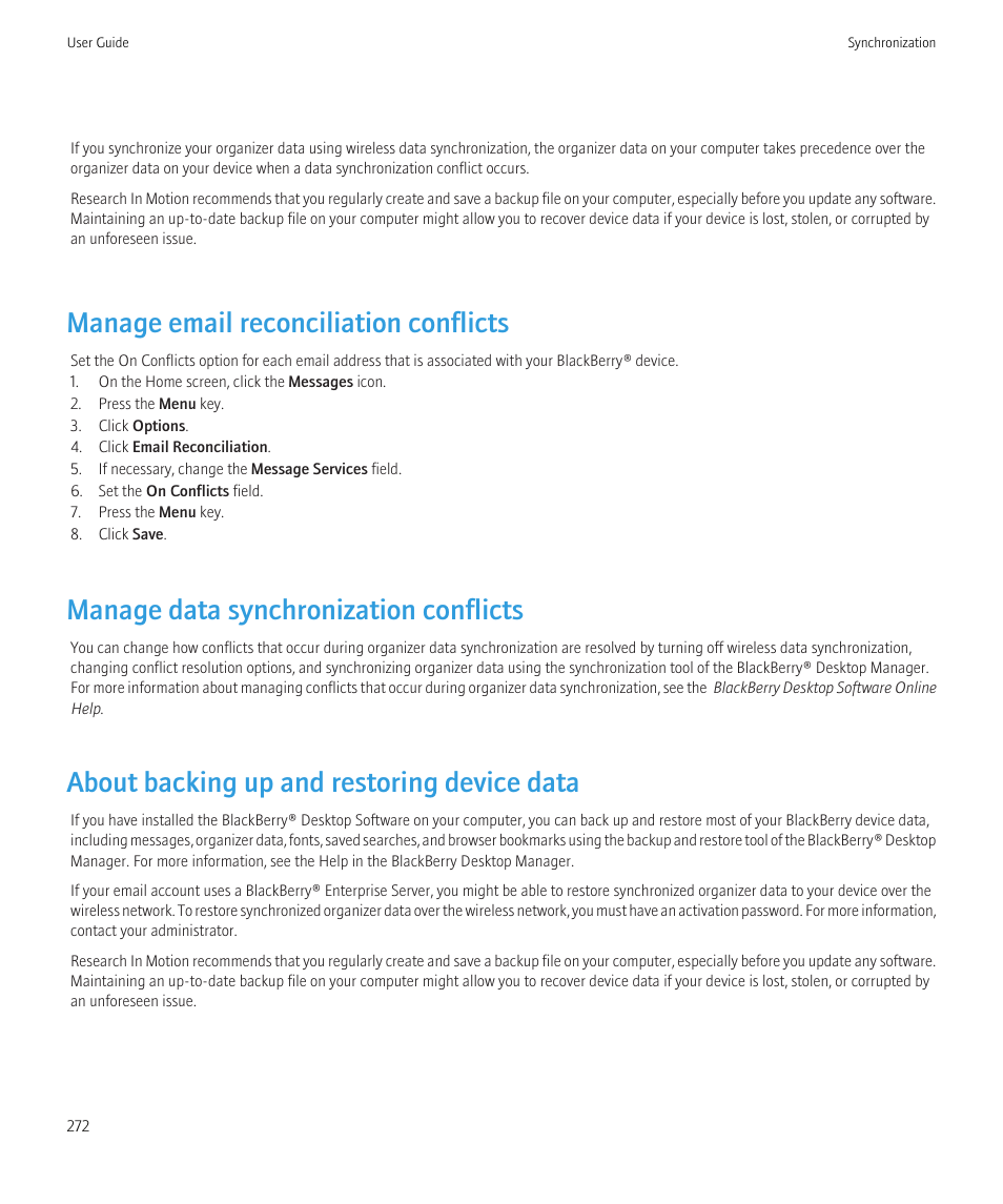 Manage email reconciliation conflicts, Manage data synchronization conflicts, About backing up and restoring device data | Blackberry CURVE 8980 User Manual | Page 274 / 443