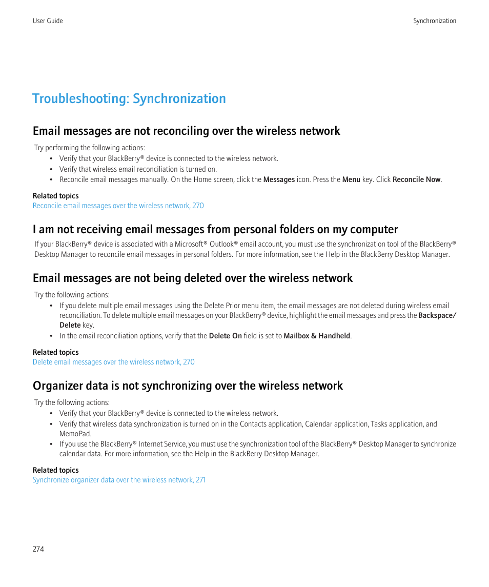 Troubleshooting: synchronization | Blackberry CURVE 8980 User Manual | Page 276 / 443
