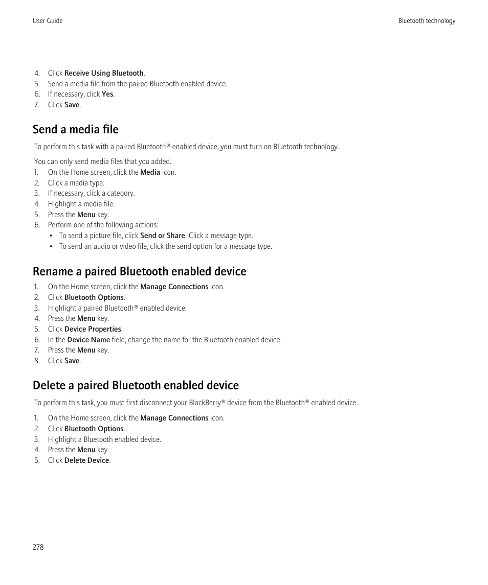 Send a media file, Rename a paired bluetooth enabled device, Delete a paired bluetooth enabled device | Blackberry CURVE 8980 User Manual | Page 280 / 443