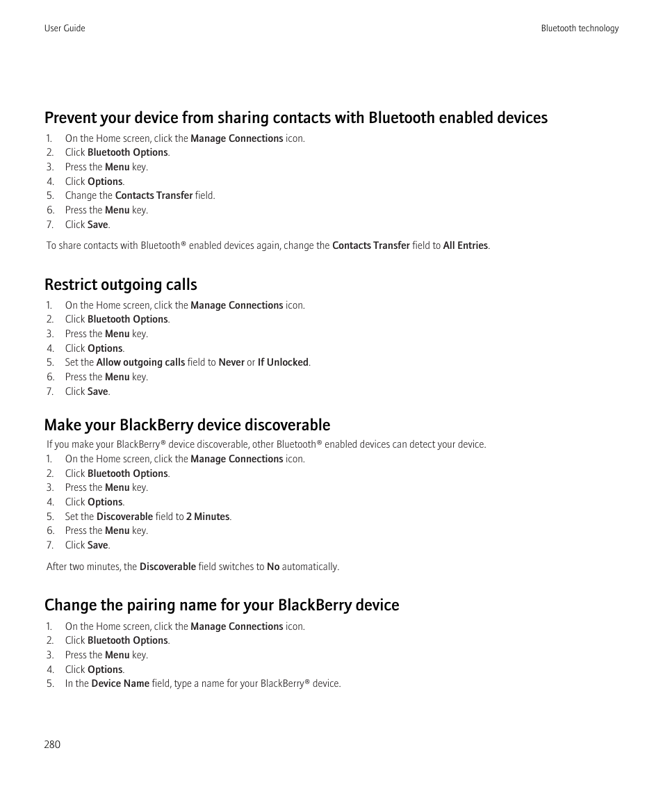 Restrict outgoing calls, Make your blackberry device discoverable, Change the pairing name for your blackberry device | Blackberry CURVE 8980 User Manual | Page 282 / 443