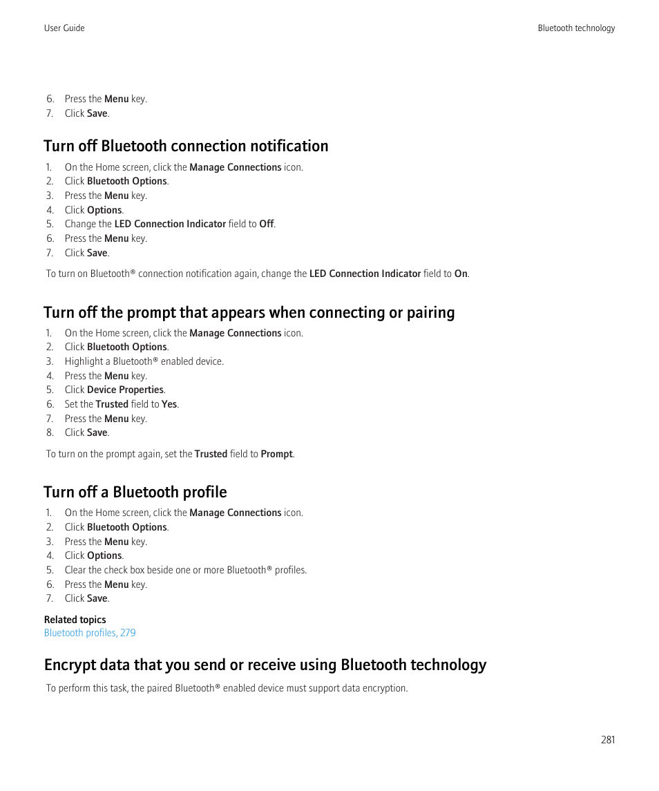 Turn off bluetooth connection notification, Turn off a bluetooth profile | Blackberry CURVE 8980 User Manual | Page 283 / 443