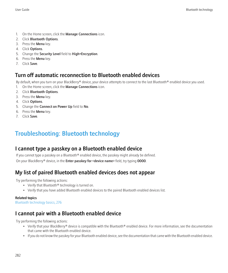 Troubleshooting: bluetooth technology, I cannot pair with a bluetooth enabled device | Blackberry CURVE 8980 User Manual | Page 284 / 443