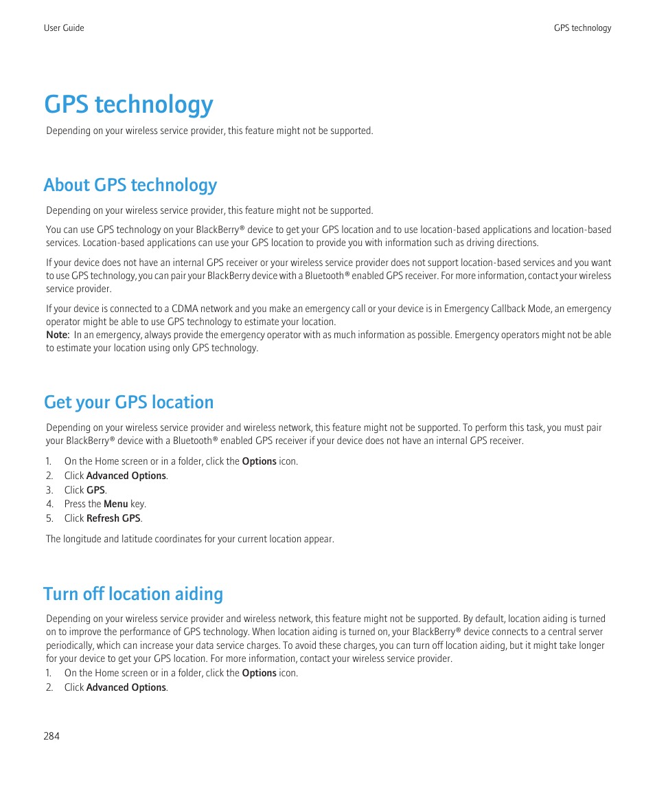 Gps technology, About gps technology, Get your gps location | Turn off location aiding | Blackberry CURVE 8980 User Manual | Page 286 / 443