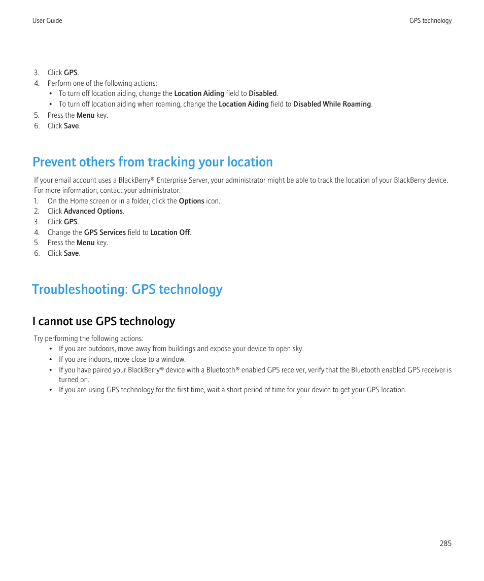 Prevent others from tracking your location, Troubleshooting: gps technology, I cannot use gps technology | Blackberry CURVE 8980 User Manual | Page 287 / 443