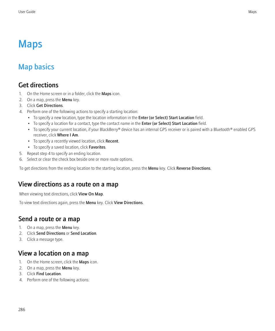 Maps, Map basics, Get directions | View directions as a route on a map, Send a route or a map, View a location on a map | Blackberry CURVE 8980 User Manual | Page 288 / 443