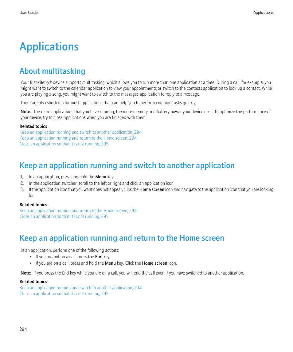 Applications, About multitasking | Blackberry CURVE 8980 User Manual | Page 296 / 443