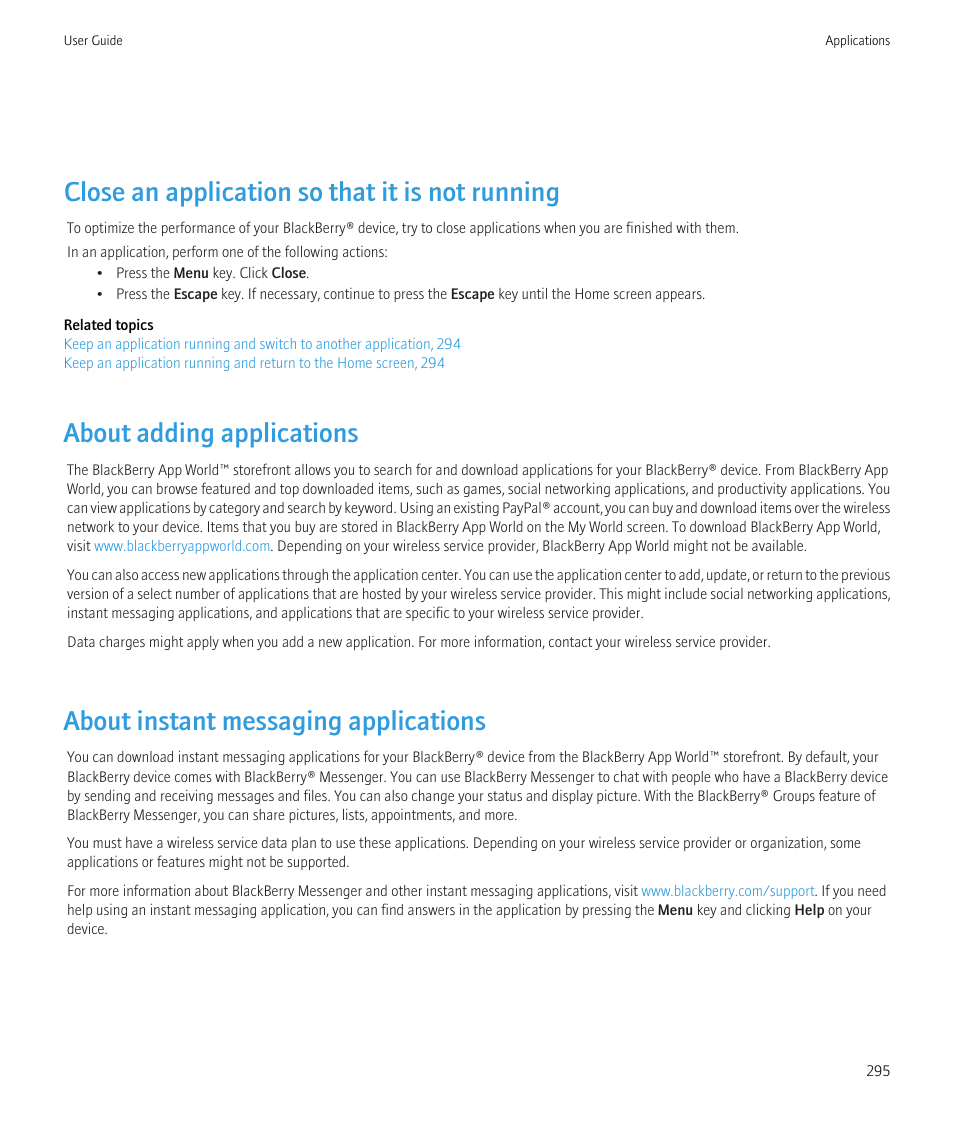 Close an application so that it is not running, About adding applications, About instant messaging applications | Blackberry CURVE 8980 User Manual | Page 297 / 443