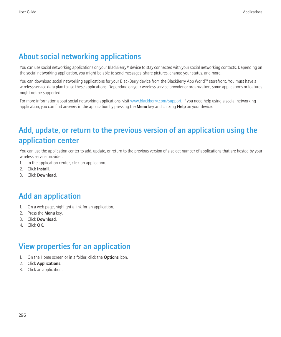 About social networking applications, Add an application, View properties for an application | Blackberry CURVE 8980 User Manual | Page 298 / 443