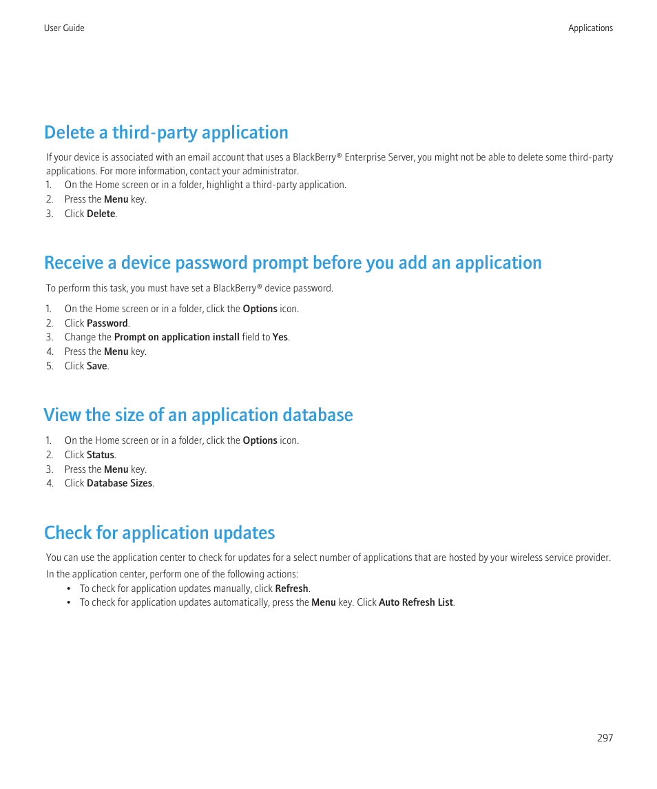 Delete a third-party application, View the size of an application database, Check for application updates | Blackberry CURVE 8980 User Manual | Page 299 / 443
