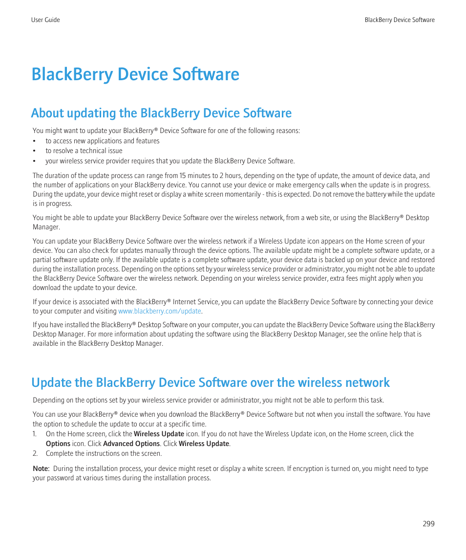 Blackberry device software, About updating the blackberry device software | Blackberry CURVE 8980 User Manual | Page 301 / 443