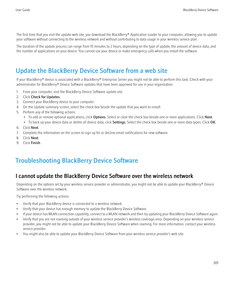 Troubleshooting blackberry device software | Blackberry CURVE 8980 User Manual | Page 303 / 443
