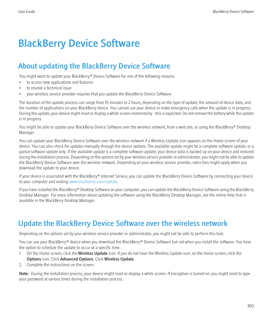 Blackberry device software, About updating the blackberry device software | Blackberry CURVE 8980 User Manual | Page 305 / 443