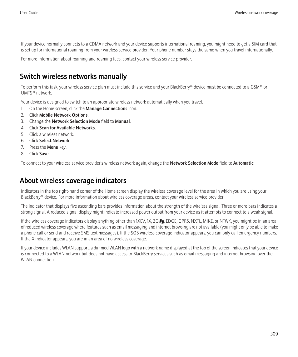 Switch wireless networks manually, About wireless coverage indicators | Blackberry CURVE 8980 User Manual | Page 311 / 443