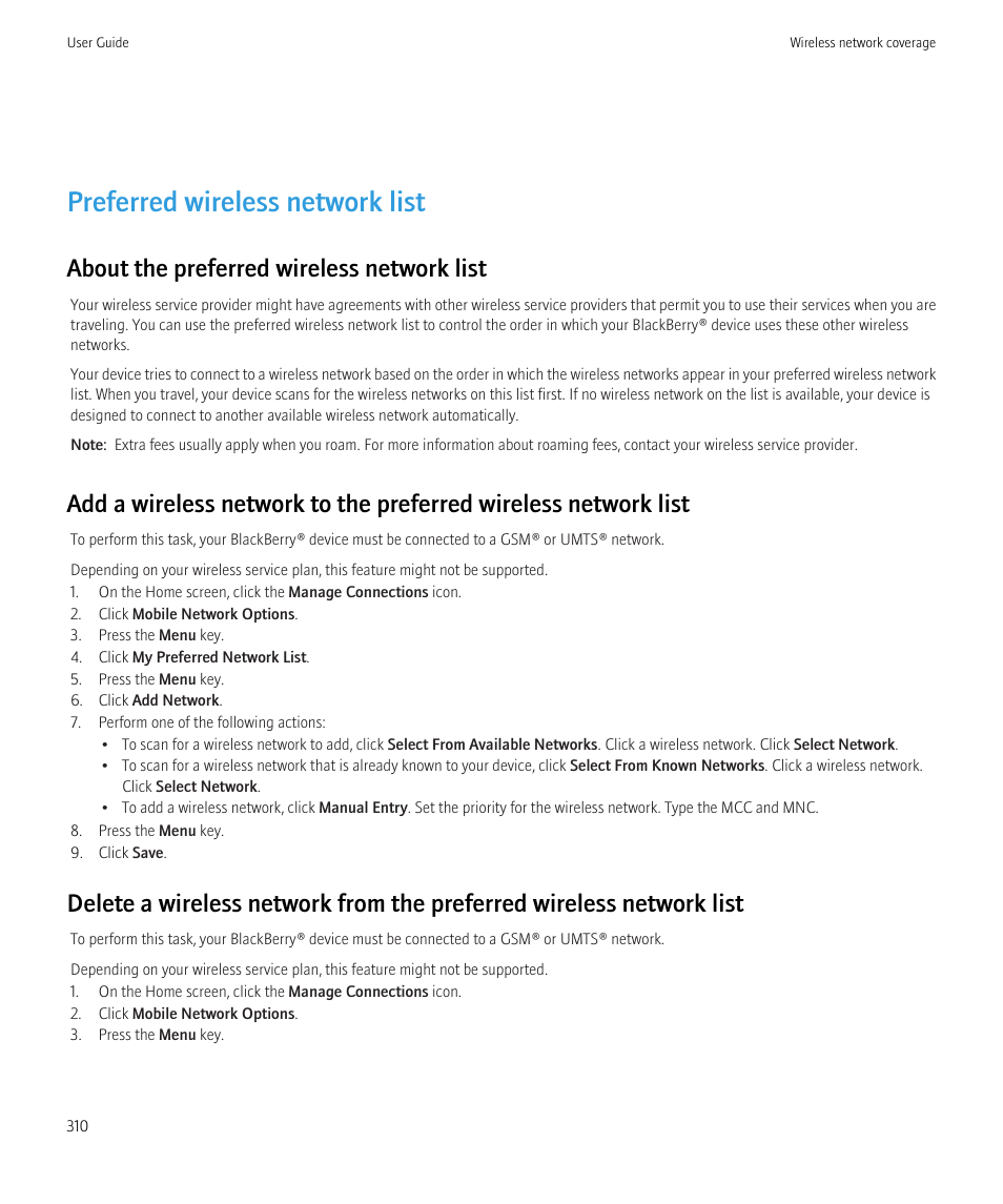 Preferred wireless network list, About the preferred wireless network list | Blackberry CURVE 8980 User Manual | Page 312 / 443