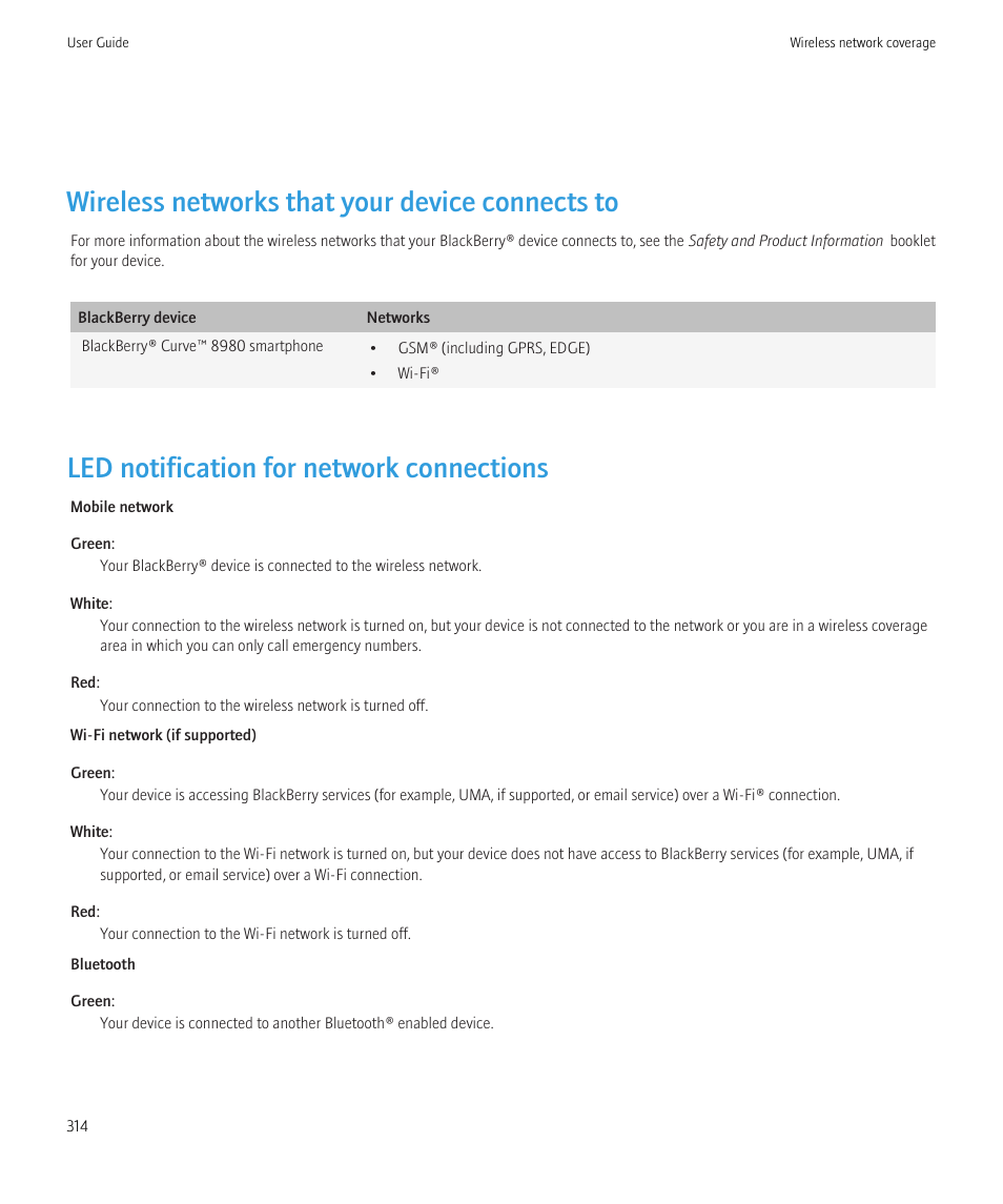 Wireless networks that your device connects to, Led notification for network connections | Blackberry CURVE 8980 User Manual | Page 316 / 443