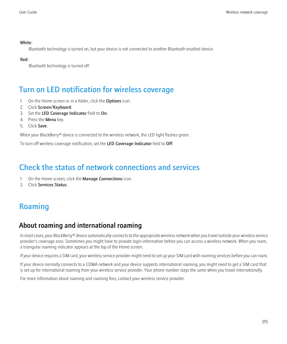 Turn on led notification for wireless coverage, Roaming, About roaming and international roaming | Blackberry CURVE 8980 User Manual | Page 317 / 443