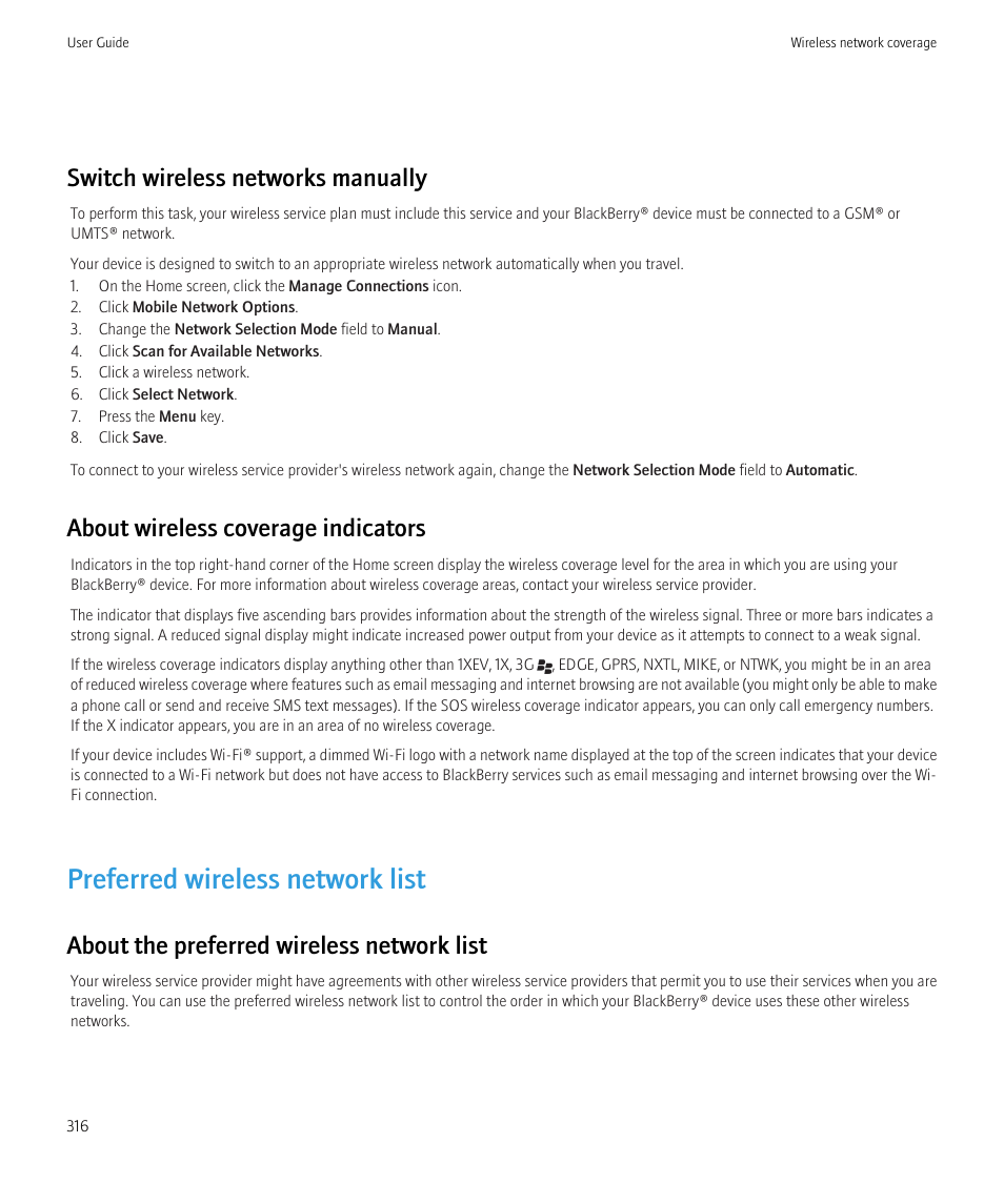 Preferred wireless network list, Switch wireless networks manually, About wireless coverage indicators | About the preferred wireless network list | Blackberry CURVE 8980 User Manual | Page 318 / 443