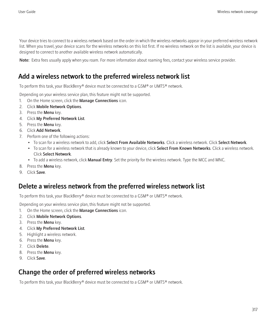 Change the order of preferred wireless networks | Blackberry CURVE 8980 User Manual | Page 319 / 443