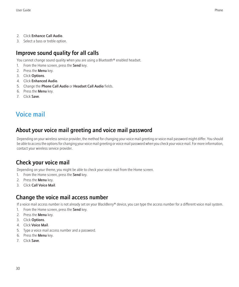 Voice mail, Improve sound quality for all calls, Check your voice mail | Change the voice mail access number | Blackberry CURVE 8980 User Manual | Page 32 / 443