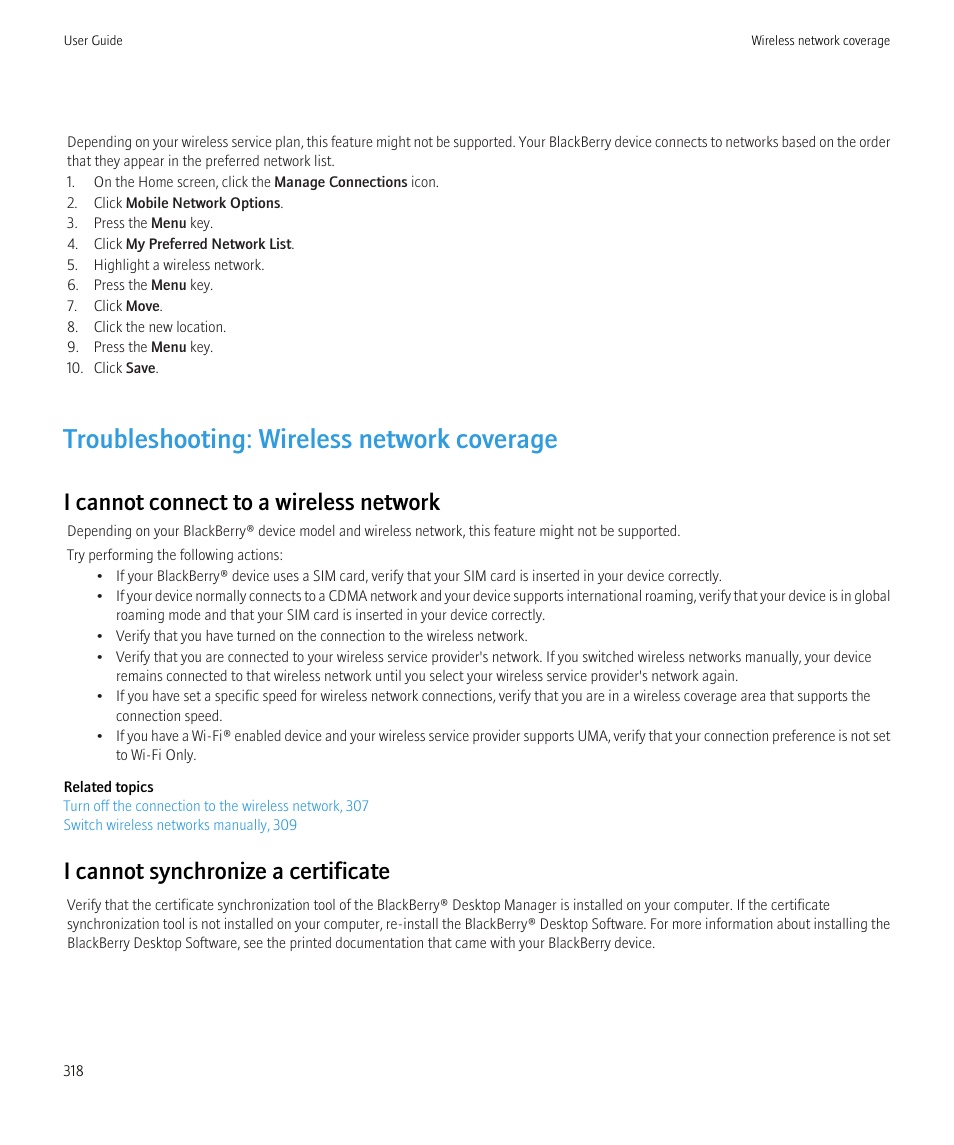Troubleshooting: wireless network coverage, I cannot connect to a wireless network, I cannot synchronize a certificate | Blackberry CURVE 8980 User Manual | Page 320 / 443