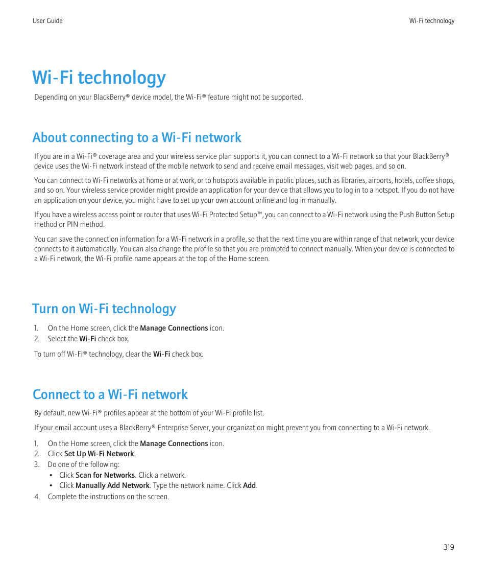 Wi-fi technology, About connecting to a wi-fi network, Turn on wi-fi technology | Connect to a wi-fi network | Blackberry CURVE 8980 User Manual | Page 321 / 443