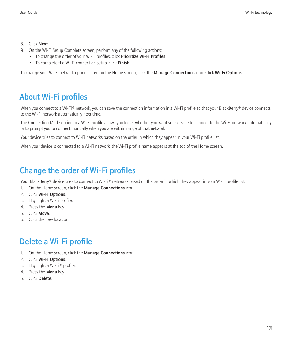 About wi-fi profiles, Change the order of wi-fi profiles, Delete a wi-fi profile | Blackberry CURVE 8980 User Manual | Page 323 / 443