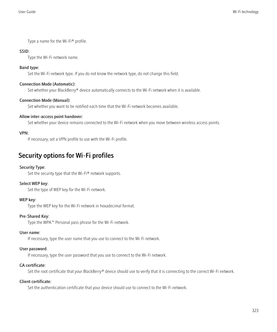 Security options for wi-fi profiles | Blackberry CURVE 8980 User Manual | Page 325 / 443