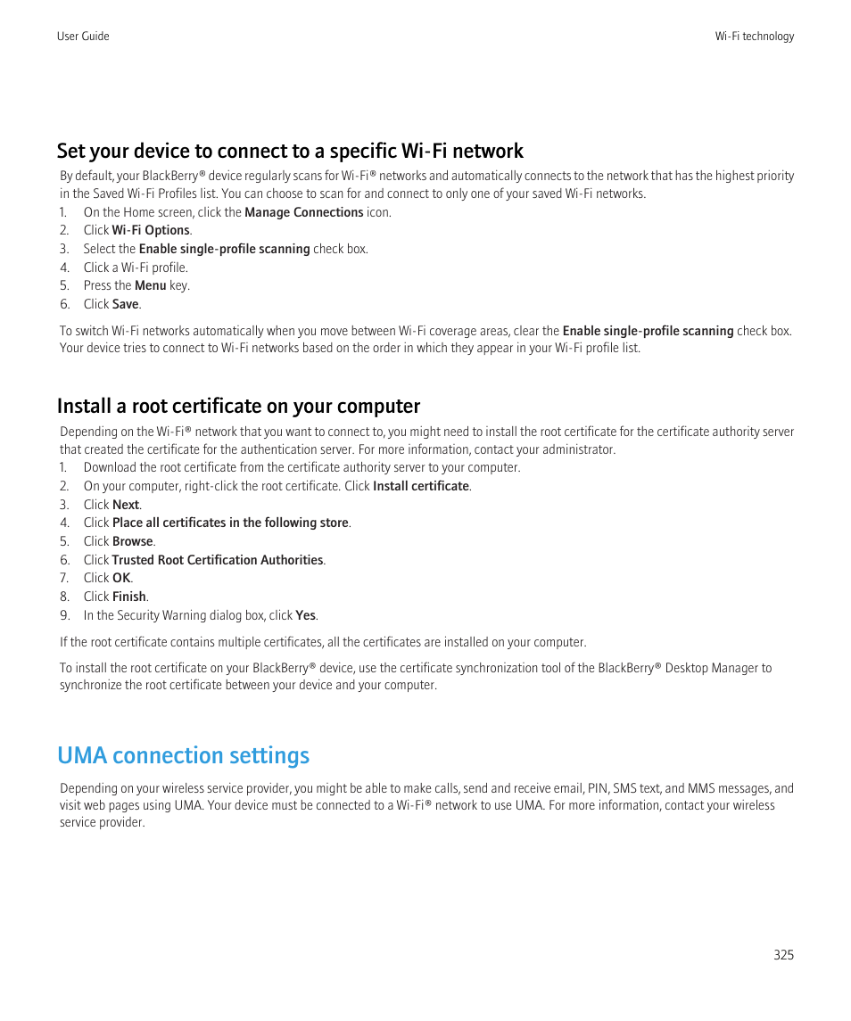 Uma connection settings, Install a root certificate on your computer | Blackberry CURVE 8980 User Manual | Page 327 / 443