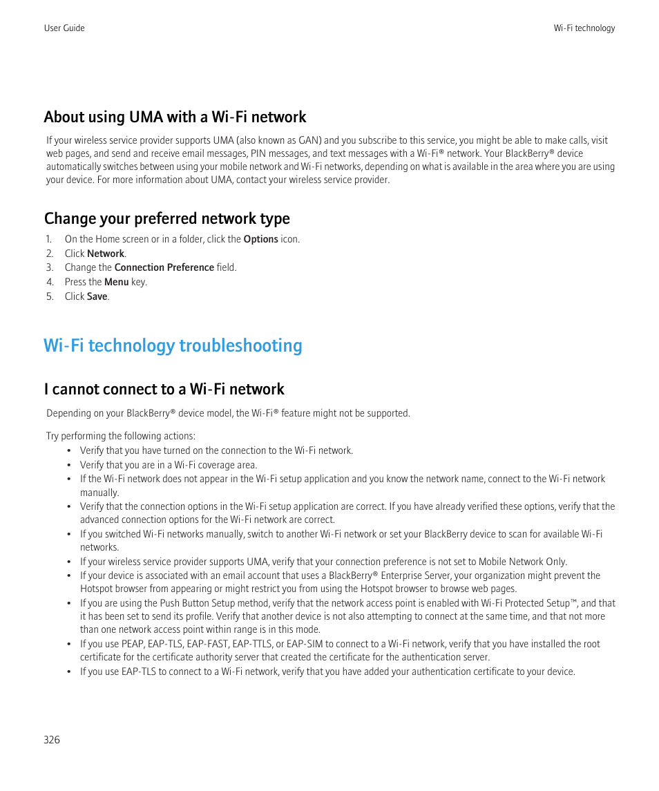 Wi-fi technology troubleshooting, About using uma with a wi-fi network, Change your preferred network type | I cannot connect to a wi-fi network | Blackberry CURVE 8980 User Manual | Page 328 / 443